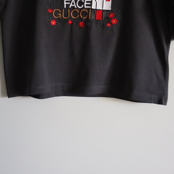The North Face x Gucci M Grey Embroidered Collab Floral Cropped T-Shirt Crew Top - Picture 8 of 9